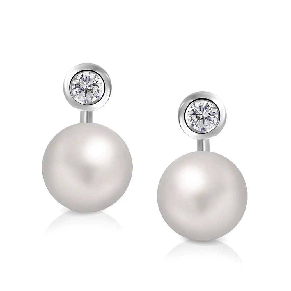 Modern Bridal CZ Solitaire Earring Jacket with Simulated Pearls in Sterling Silver