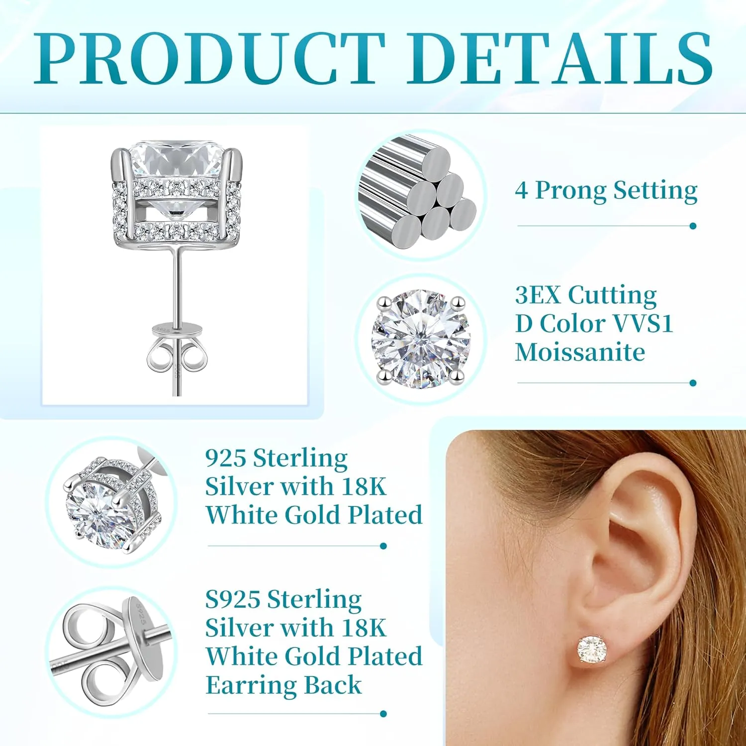 Moissanite Earrings Studs 1ct-3ct for Women/Men, 925 Sterling Silver with 18K White Gold Plated Hypoallergenic Flat Screw Back Birthday Gifts for Women Girlfriend Wife Engagement Jewelry