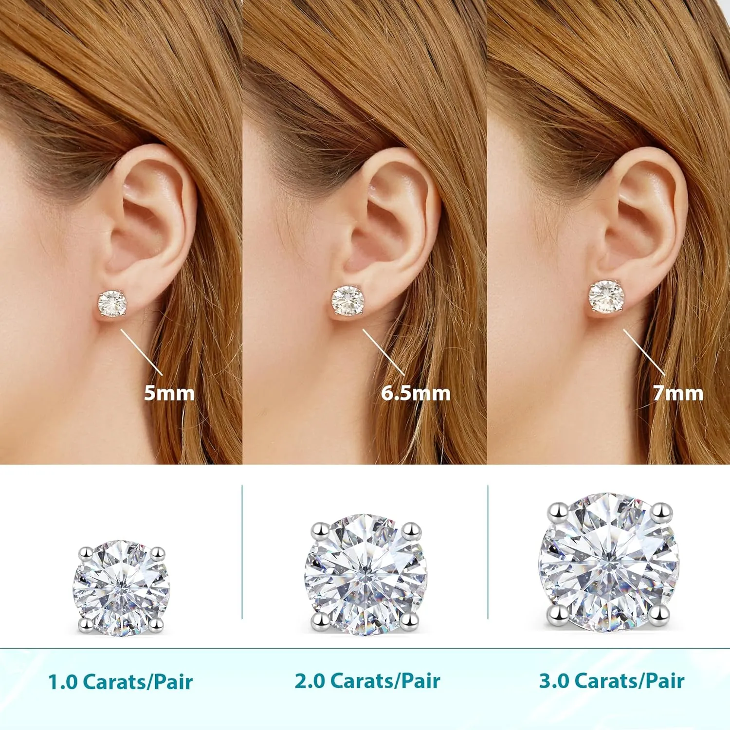 Moissanite Earrings Studs 1ct-3ct for Women/Men, 925 Sterling Silver with 18K White Gold Plated Hypoallergenic Flat Screw Back Birthday Gifts for Women Girlfriend Wife Engagement Jewelry