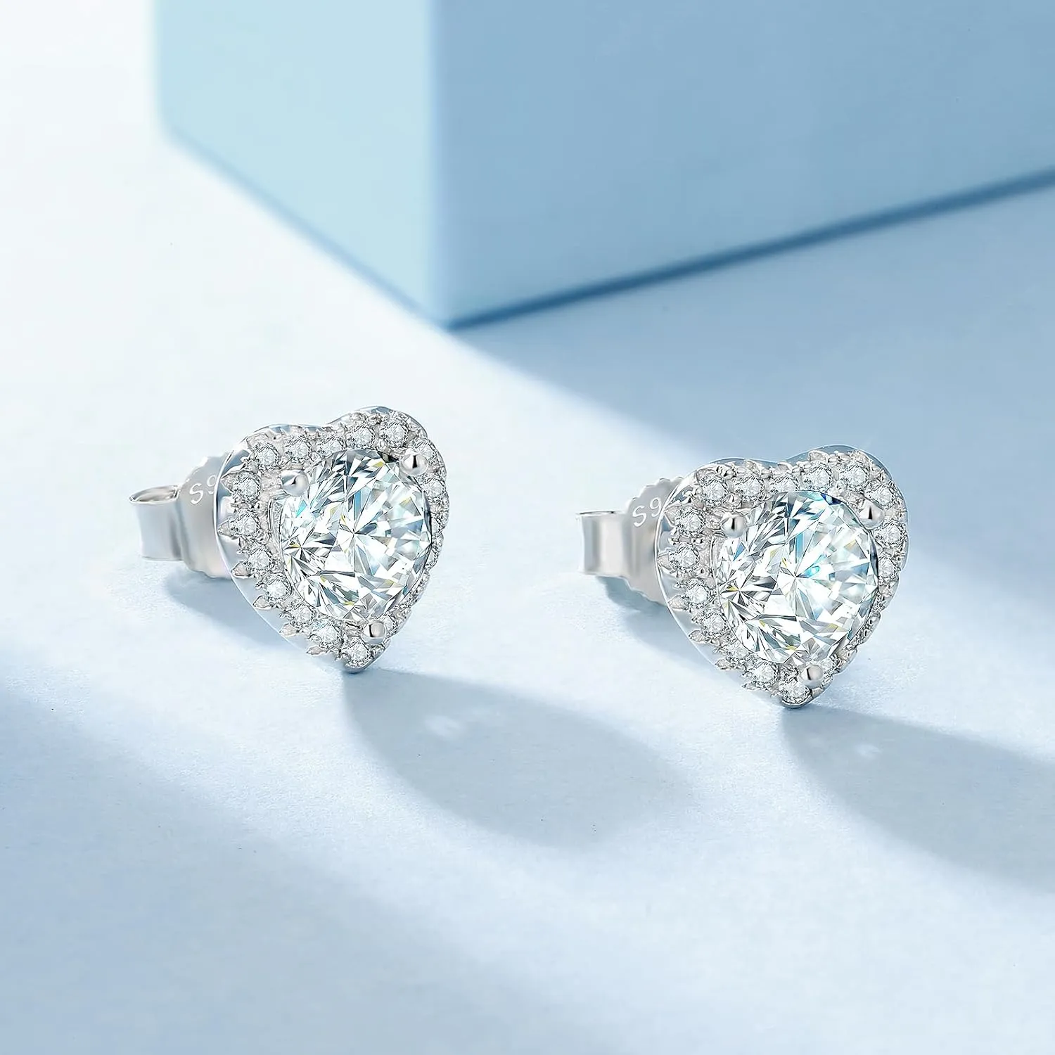 Moissanite Stud Earrings, 0.6ct-2ct Brilliant Heart Shape Lab Created Diamond Earrings, D Color VVS1 Clarity, White Gold Plated Silver Friction Back for Women