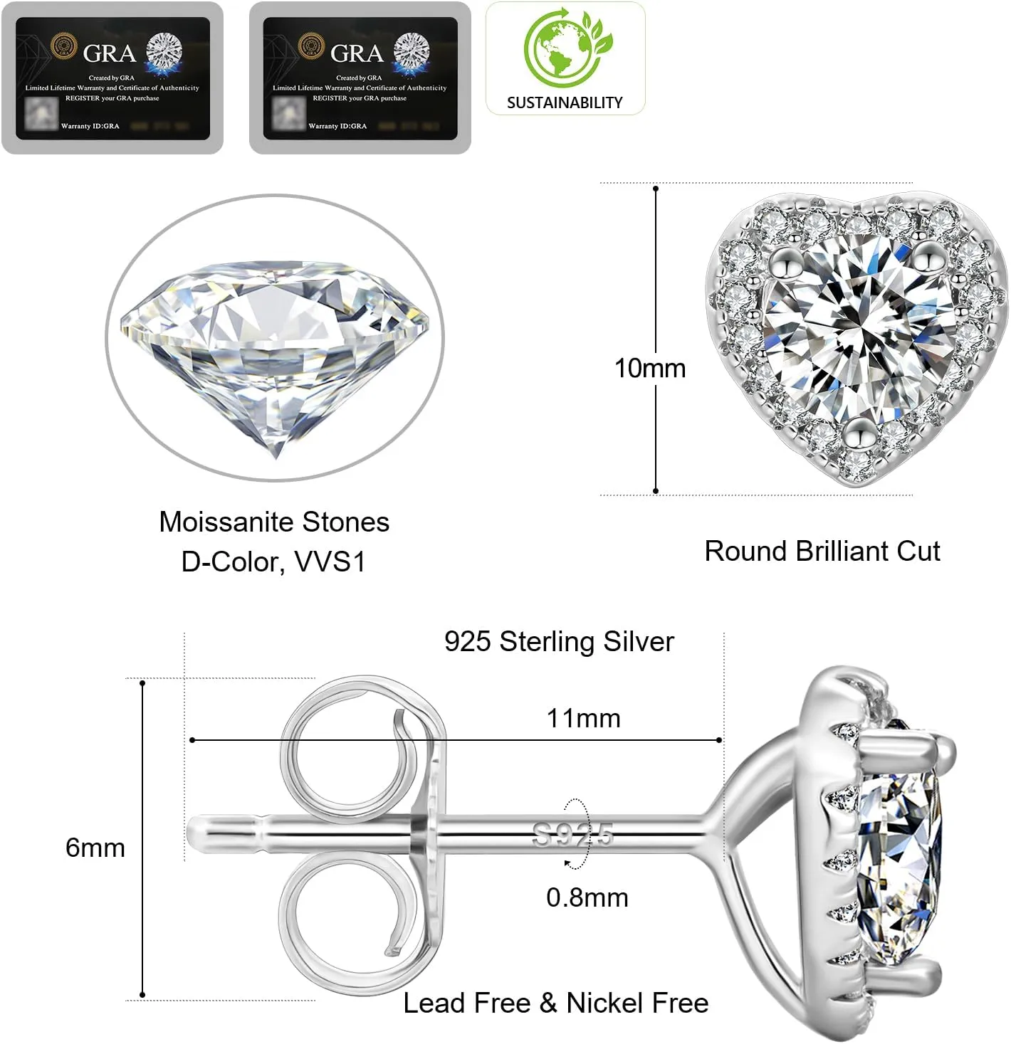 Moissanite Stud Earrings, 0.6ct-2ct Brilliant Heart Shape Lab Created Diamond Earrings, D Color VVS1 Clarity, White Gold Plated Silver Friction Back for Women