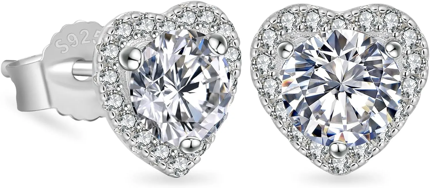 Moissanite Stud Earrings, 0.6ct-2ct Brilliant Heart Shape Lab Created Diamond Earrings, D Color VVS1 Clarity, White Gold Plated Silver Friction Back for Women