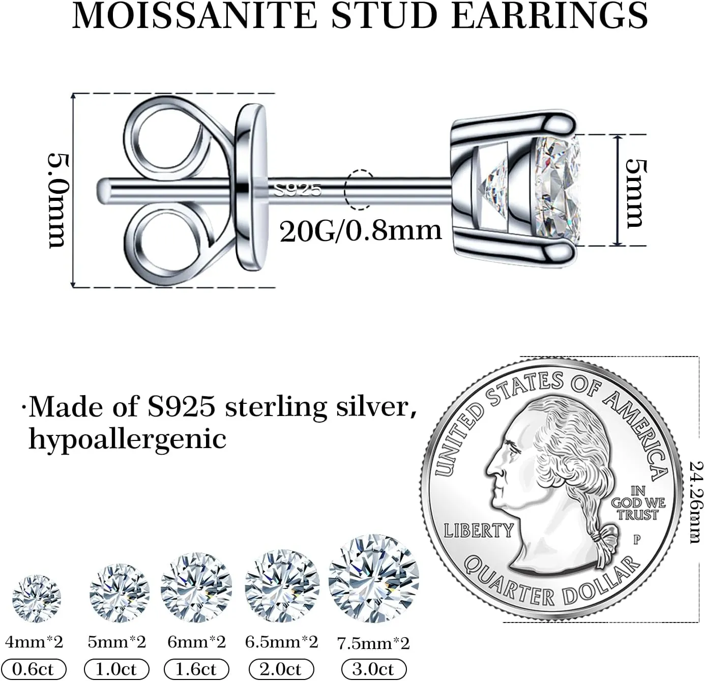 Moissanite Stud Earrings for Men & Women, 925 Sterling Silver, 0.6-3CT D Color, GRA Certified, 18K White Gold Plated, Lab-Created Women Earrings, Hypoallergenic, Wedding Earrings.