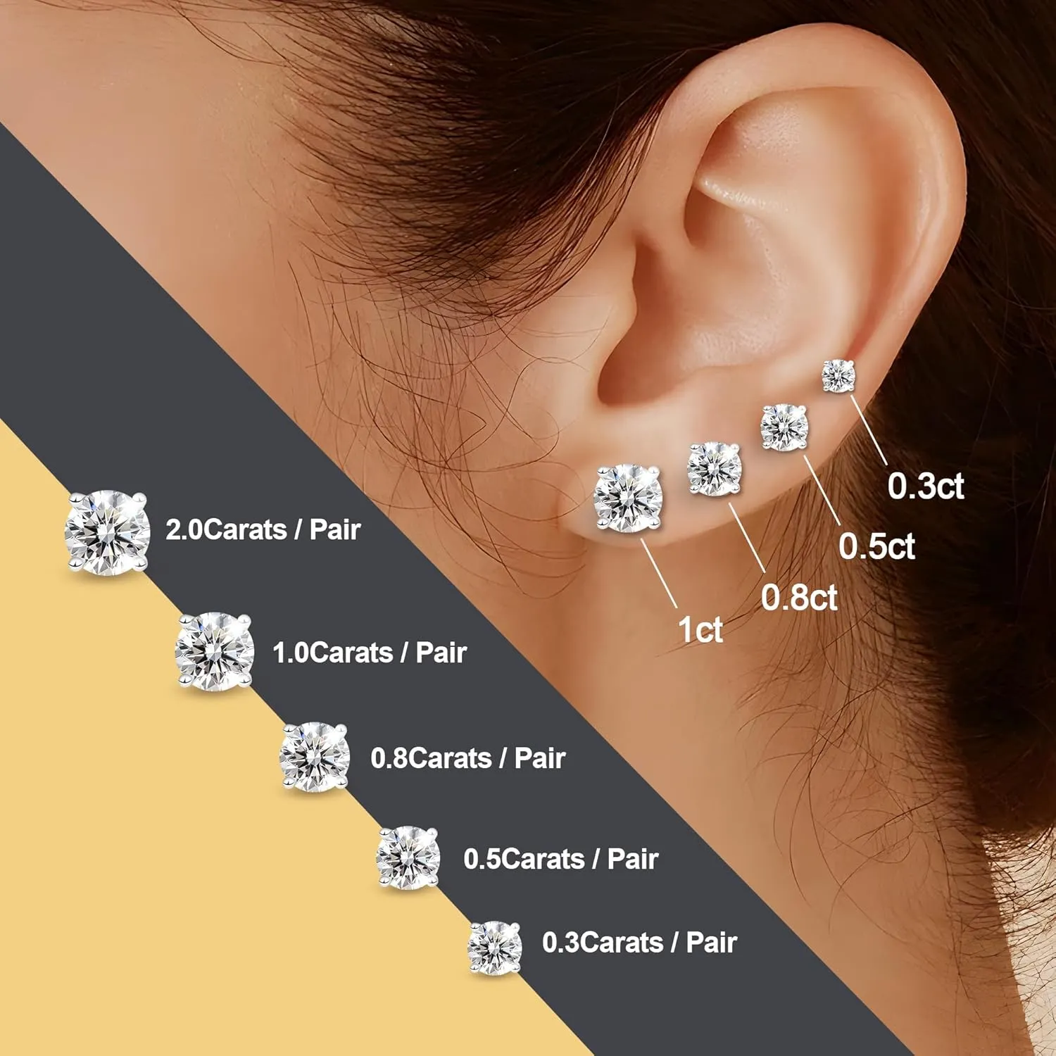 Moissanite Stud Earrings for Women Men 0.6-4ct, 18K Yellow Gold Plated 925 Sterling Silver Mens Stud Earrings, Hypoallergenic Round Cut Earrings Lab Created VVS1 Faux Diamond Stud Push Back