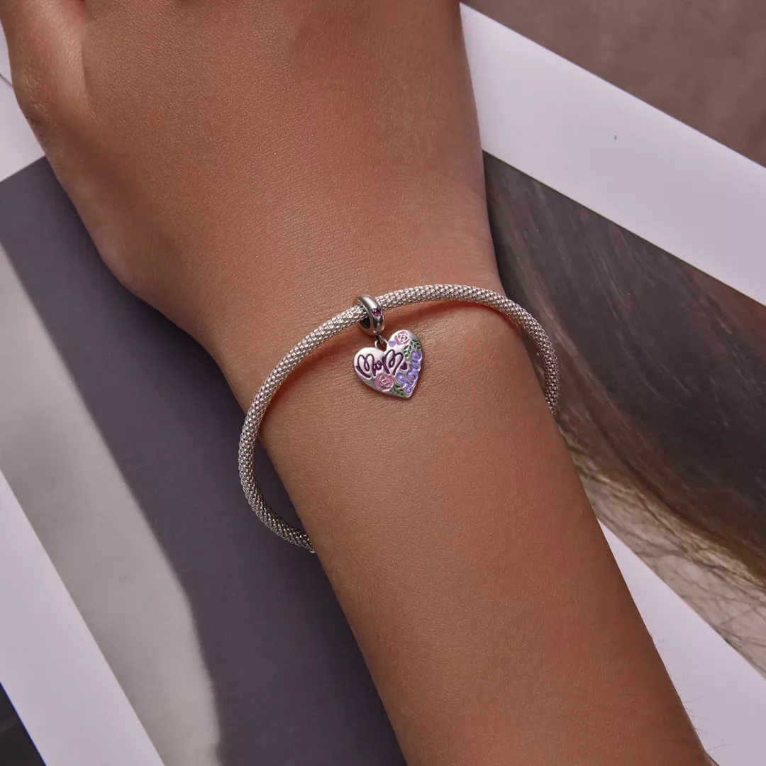 MOM Love Heart Dangle Charm 925 Sterling Silver