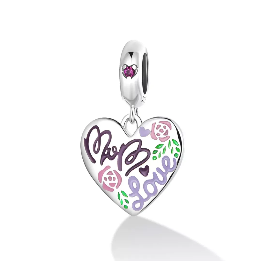 MOM Love Heart Dangle Charm 925 Sterling Silver