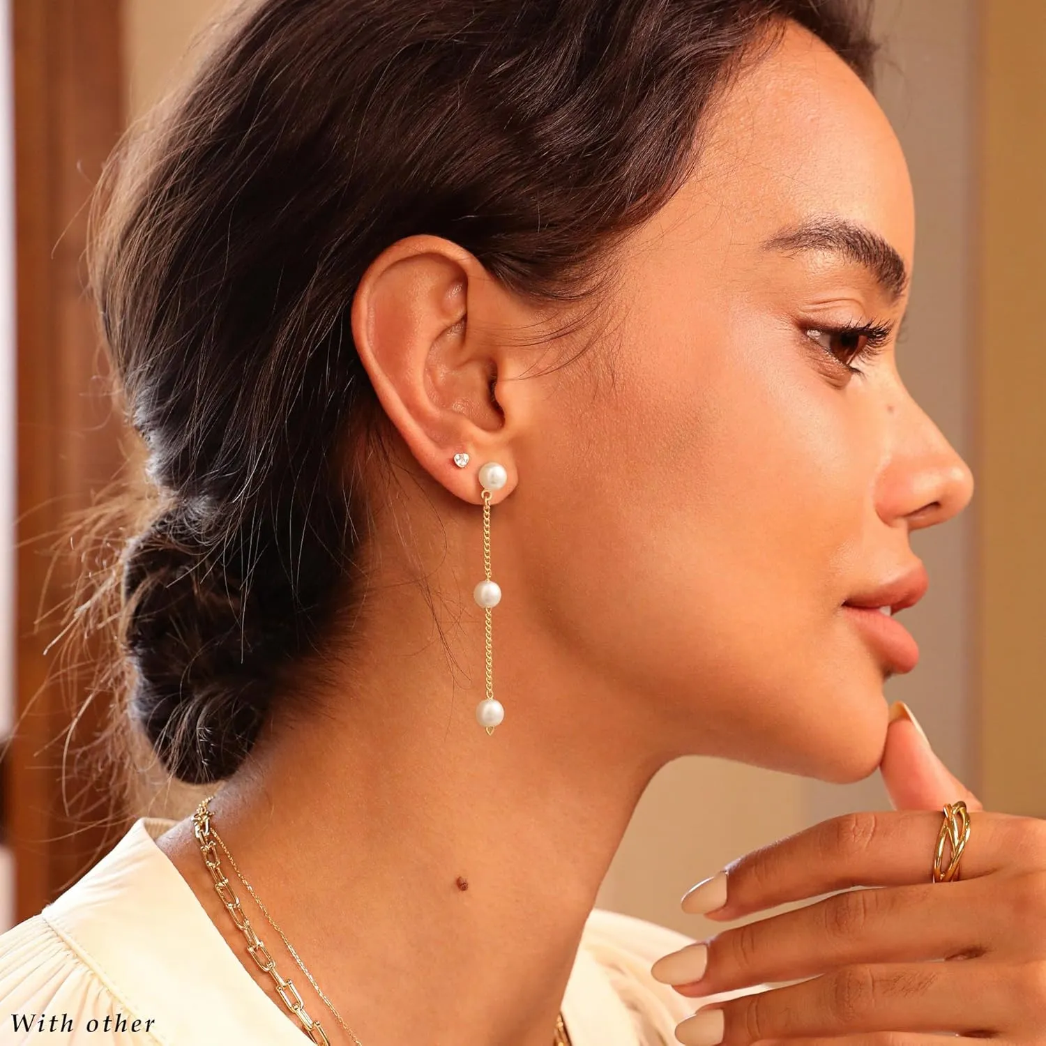 Moodear Dainty Pearl Dangle Earrings for Women - Trendy 14K Gold Plated Freshwater Pearl Hypoallergenic Drop Earring Wedding Jewelry Gift