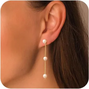 Moodear Dainty Pearl Dangle Earrings for Women - Trendy 14K Gold Plated Freshwater Pearl Hypoallergenic Drop Earring Wedding Jewelry Gift