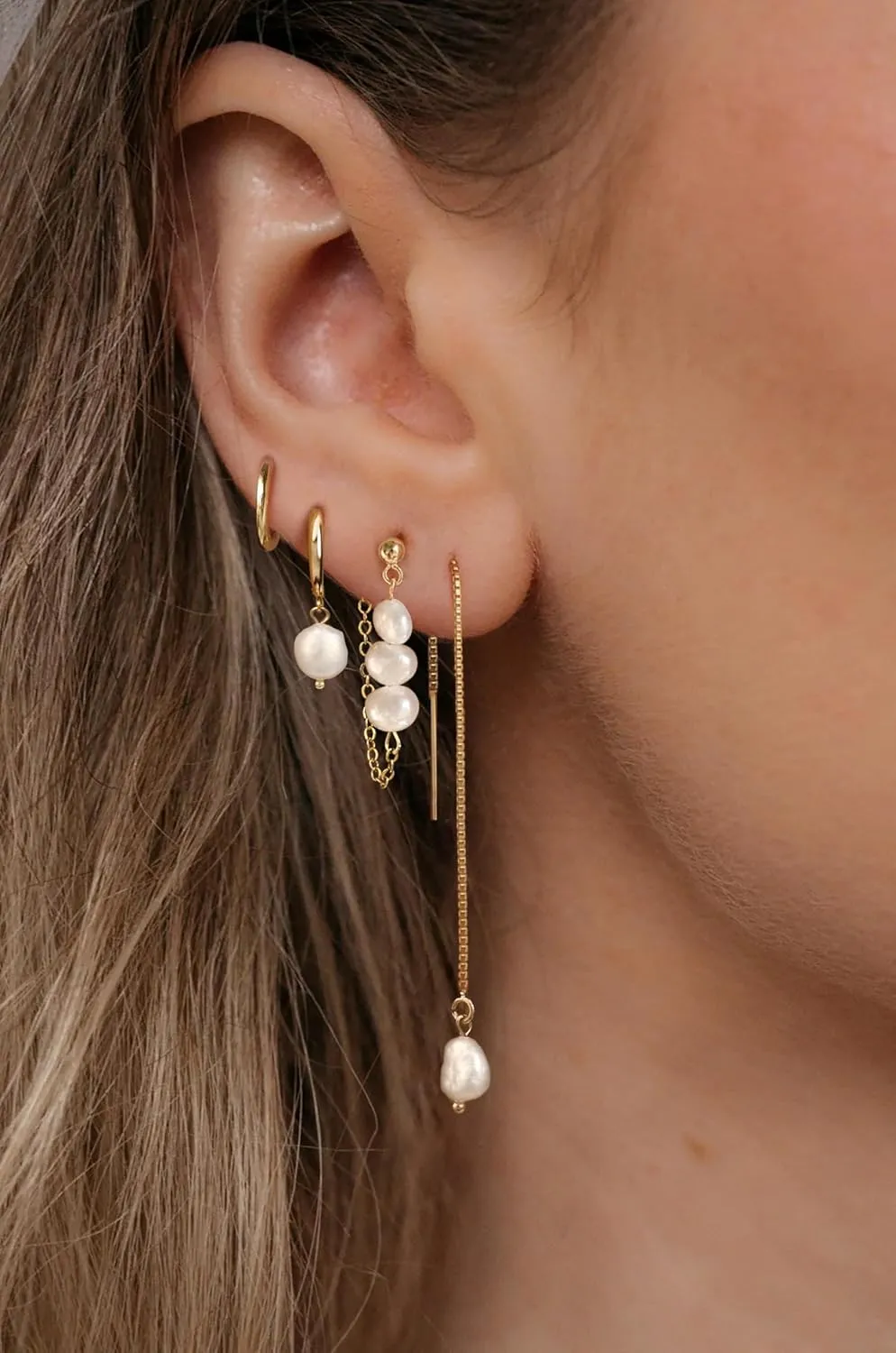 Moodear Pearl Dangle Hoop Earrings for Women - Dainty Hypoallergenic 14K Gold Plated Small Drop Chain Hoops Trendy Earring Sets for Multiple Piercing Jewelry