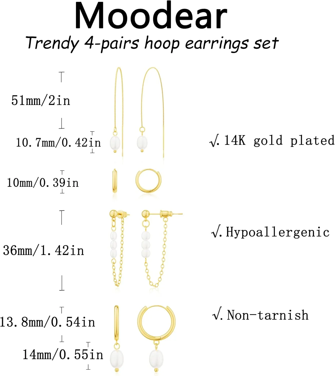 Moodear Pearl Dangle Hoop Earrings for Women - Dainty Hypoallergenic 14K Gold Plated Small Drop Chain Hoops Trendy Earring Sets for Multiple Piercing Jewelry