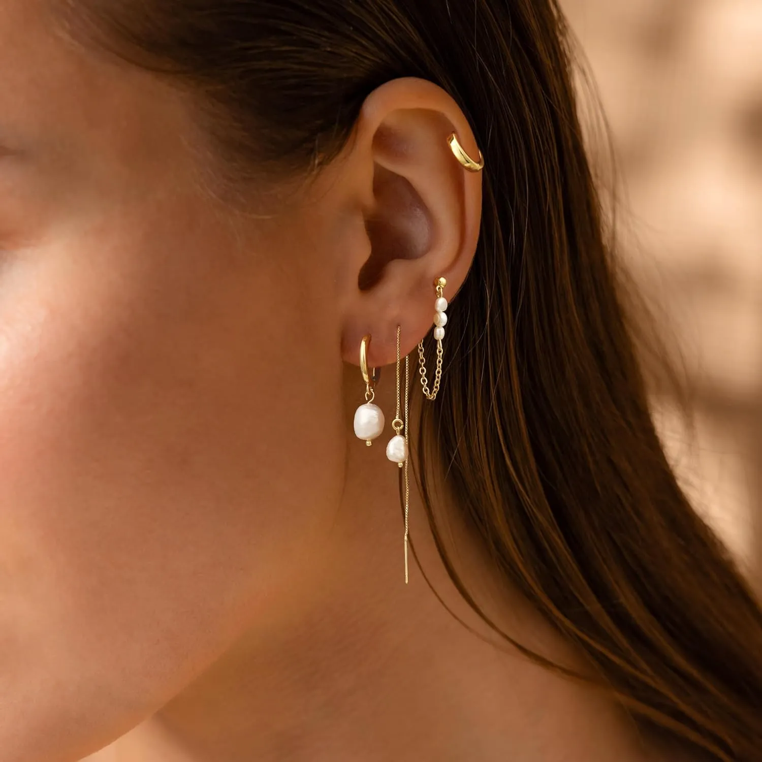 Moodear Pearl Dangle Hoop Earrings for Women - Dainty Hypoallergenic 14K Gold Plated Small Drop Chain Hoops Trendy Earring Sets for Multiple Piercing Jewelry