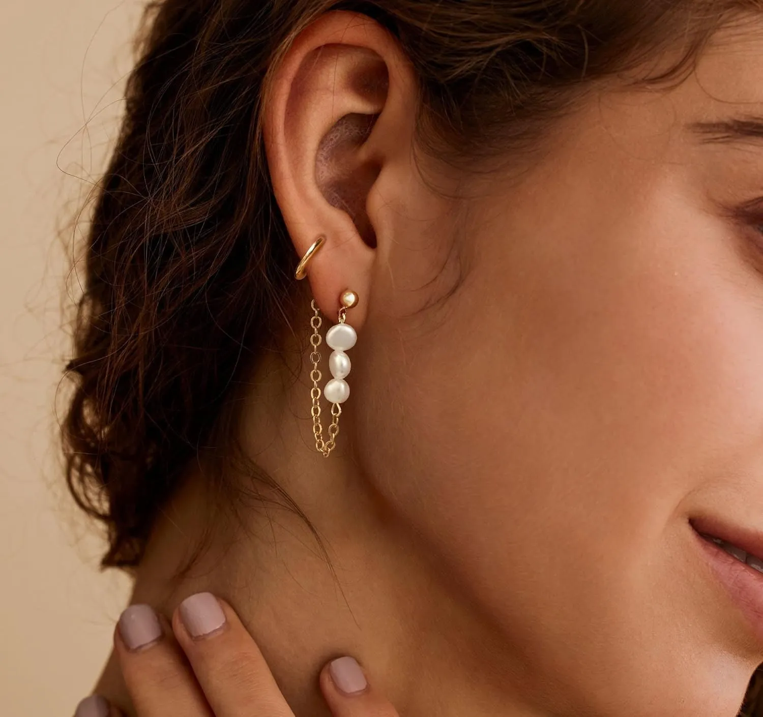Moodear Pearl Dangle Hoop Earrings for Women - Dainty Hypoallergenic 14K Gold Plated Small Drop Chain Hoops Trendy Earring Sets for Multiple Piercing Jewelry