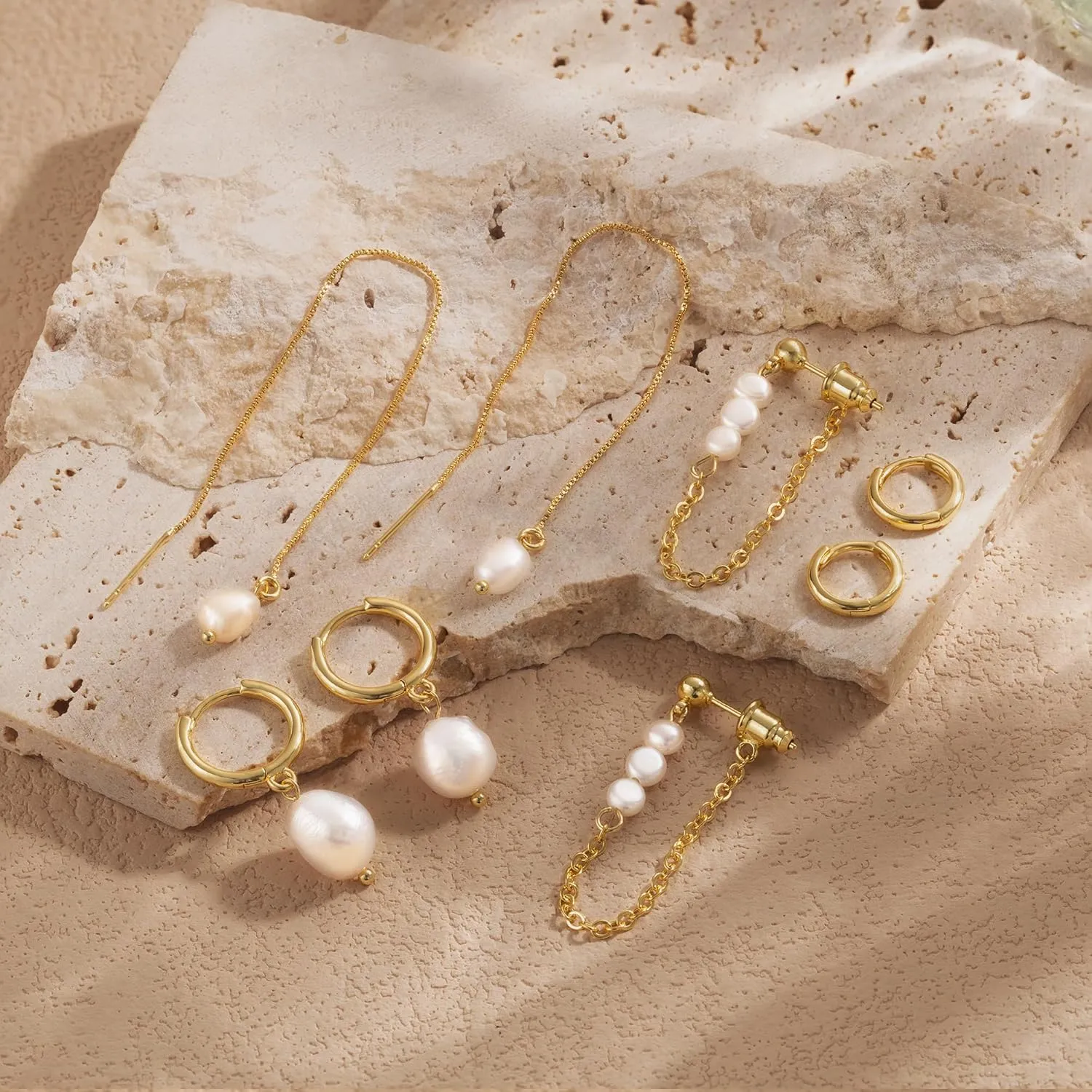 Moodear Pearl Dangle Hoop Earrings for Women - Dainty Hypoallergenic 14K Gold Plated Small Drop Chain Hoops Trendy Earring Sets for Multiple Piercing Jewelry
