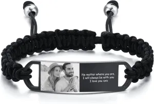 MPRAINBOW Custom Photo Bracelet for Men, Personalized Gifts for Him Her, Customized Picture, Name Text Engraved Stainless Steel ID Braided Bracelet Wristband Jewelry