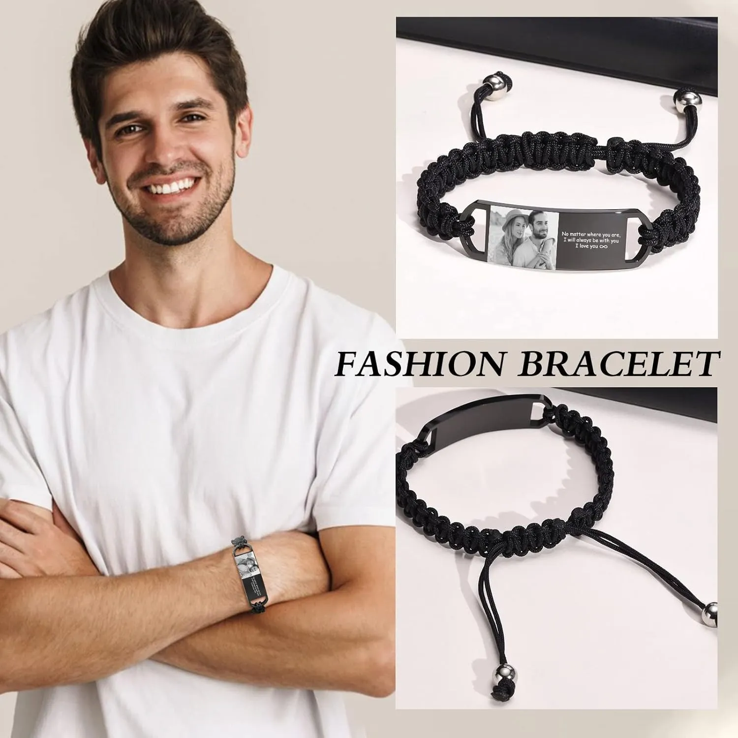 MPRAINBOW Custom Photo Bracelet for Men, Personalized Gifts for Him Her, Customized Picture, Name Text Engraved Stainless Steel ID Braided Bracelet Wristband Jewelry