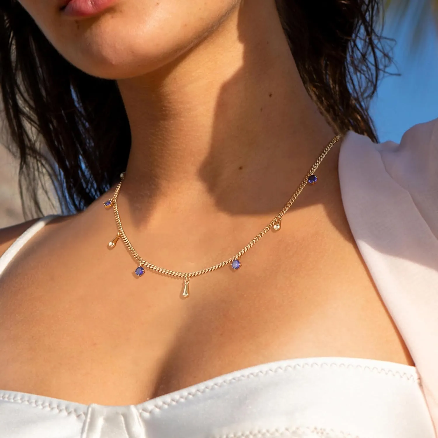 MTMY 14K Gold Plated Tassel Drop White/Turquoise/Purple/Rose CZ Beads Charm Choker Necklace for Women Trendy Jewelry