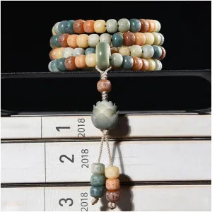Multi Color Bodhi Bracelet Handcarved Six Character Proverbs with Lotus Pendant, Mala Prayer Beads Bracelet for Meditation