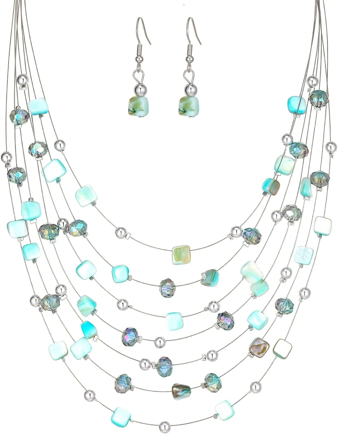 Multi-Layer Boho Shell Beaded Necklace for Women Colorful Crystal Strand with Silver Beads Statement Collars Necklace and Earrings Costumes Jewelry Sets for Women