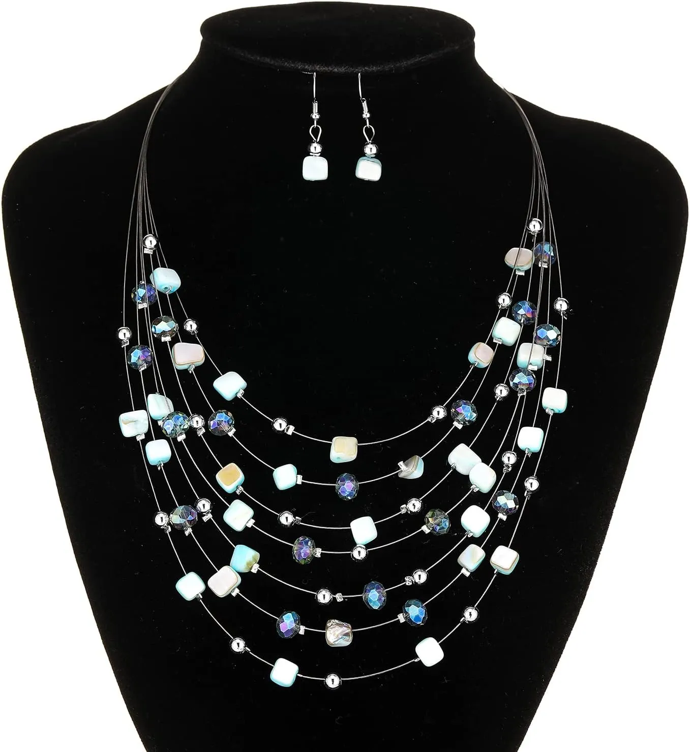 Multi-Layer Boho Shell Beaded Necklace for Women Colorful Crystal Strand with Silver Beads Statement Collars Necklace and Earrings Costumes Jewelry Sets for Women