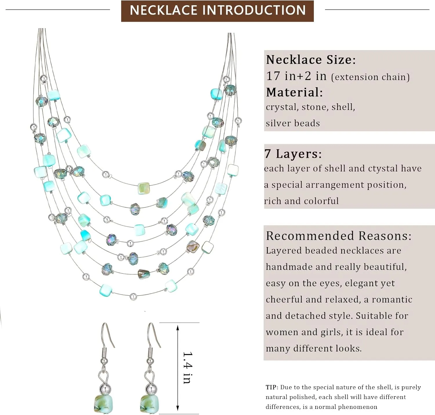 Multi-Layer Boho Shell Beaded Necklace for Women Colorful Crystal Strand with Silver Beads Statement Collars Necklace and Earrings Costumes Jewelry Sets for Women