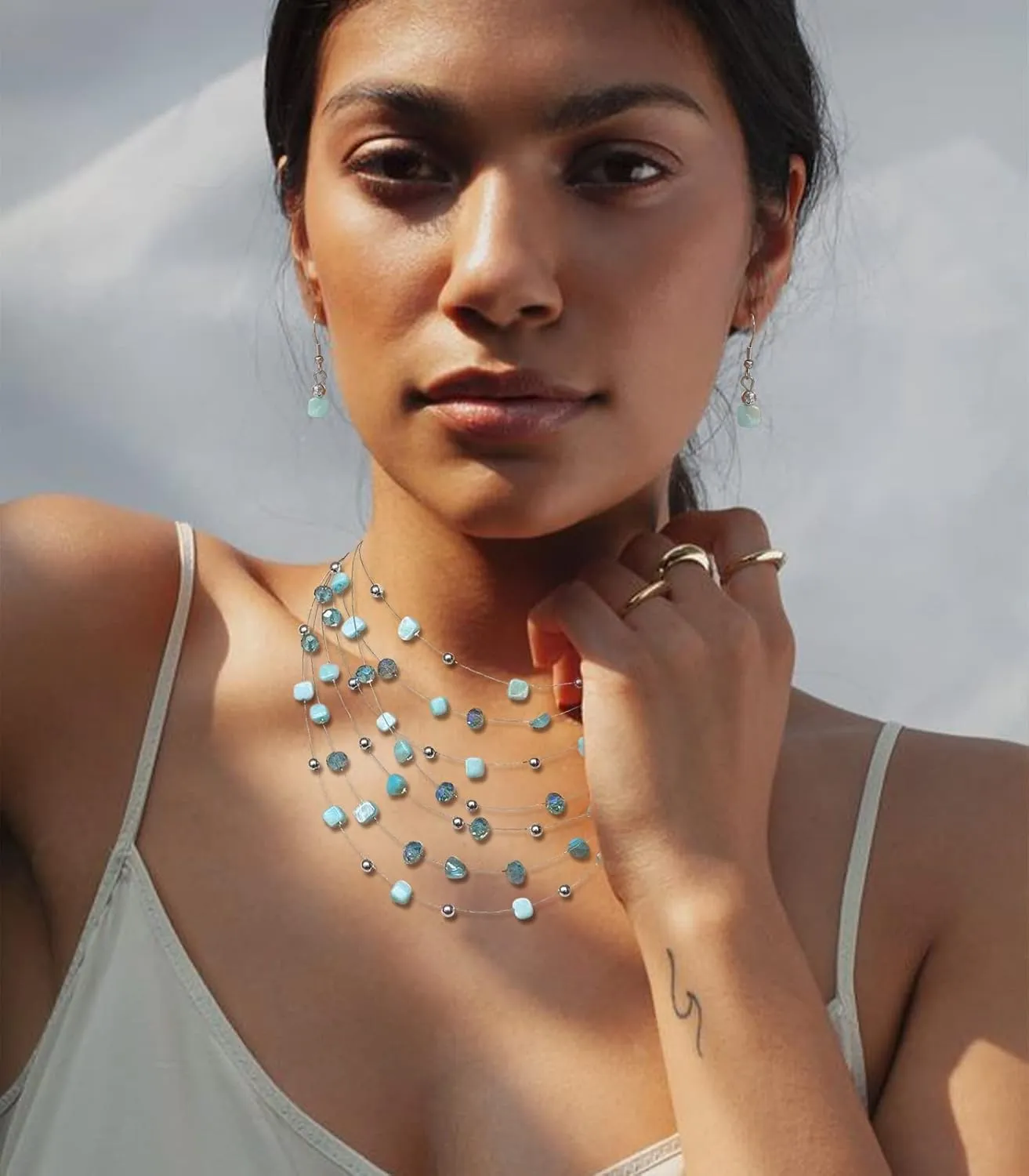 Multi-Layer Boho Shell Beaded Necklace for Women Colorful Crystal Strand with Silver Beads Statement Collars Necklace and Earrings Costumes Jewelry Sets for Women
