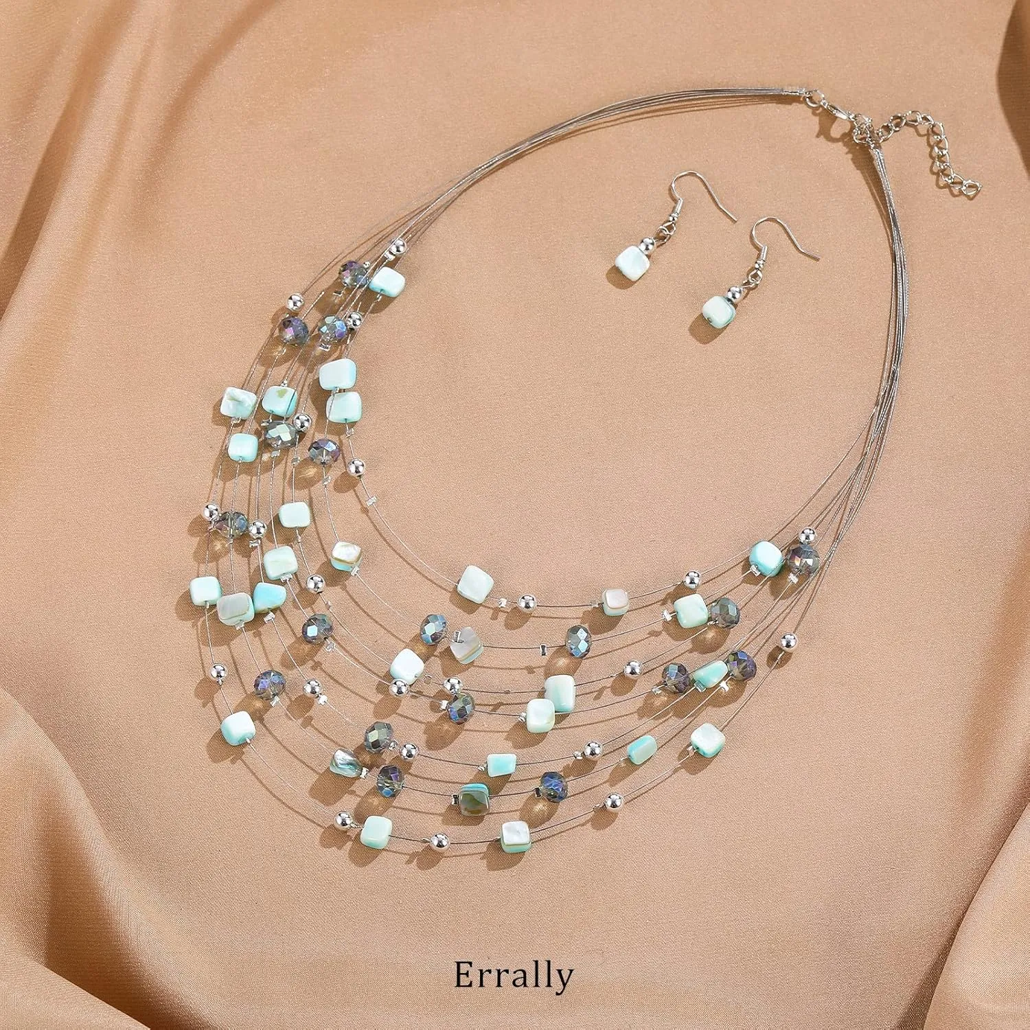 Multi-Layer Boho Shell Beaded Necklace for Women Colorful Crystal Strand with Silver Beads Statement Collars Necklace and Earrings Costumes Jewelry Sets for Women