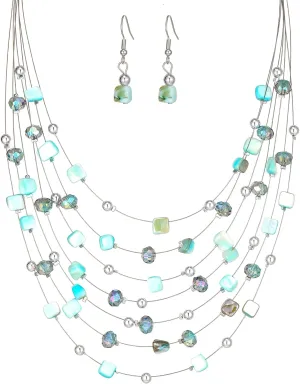 Multi-Layer Boho Shell Beaded Necklace for Women Colorful Crystal Strand with Silver Beads Statement Collars Necklace and Earrings Costumes Jewelry Sets for Women