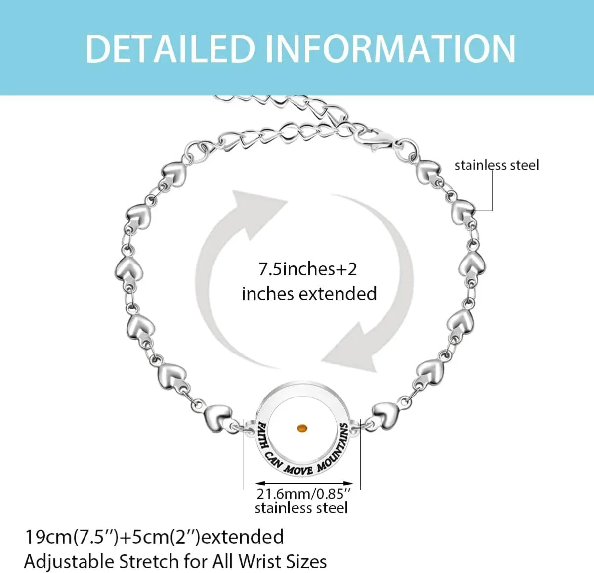 Mustard Seed Love Heart Link Chain Inspirational Bracelet  Stainless Steel Adjustable Faith Jewelry for Women Y4281-Y4282