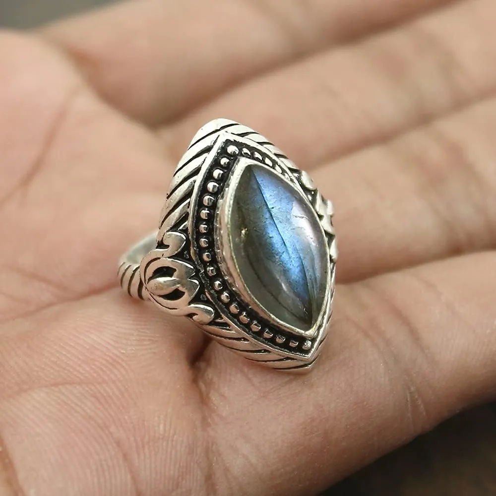 Natural Lapis Labradorite Moonstone & Amethyst 925 Silver Overlay Statement Rings for Women - Marquise Shape Bohemian Style Birhstone Jewelry Handmade Gemstone Ring Gifts for Her