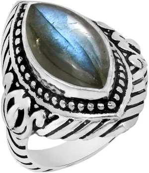 Natural Lapis Labradorite Moonstone & Amethyst 925 Silver Overlay Statement Rings for Women - Marquise Shape Bohemian Style Birhstone Jewelry Handmade Gemstone Ring Gifts for Her