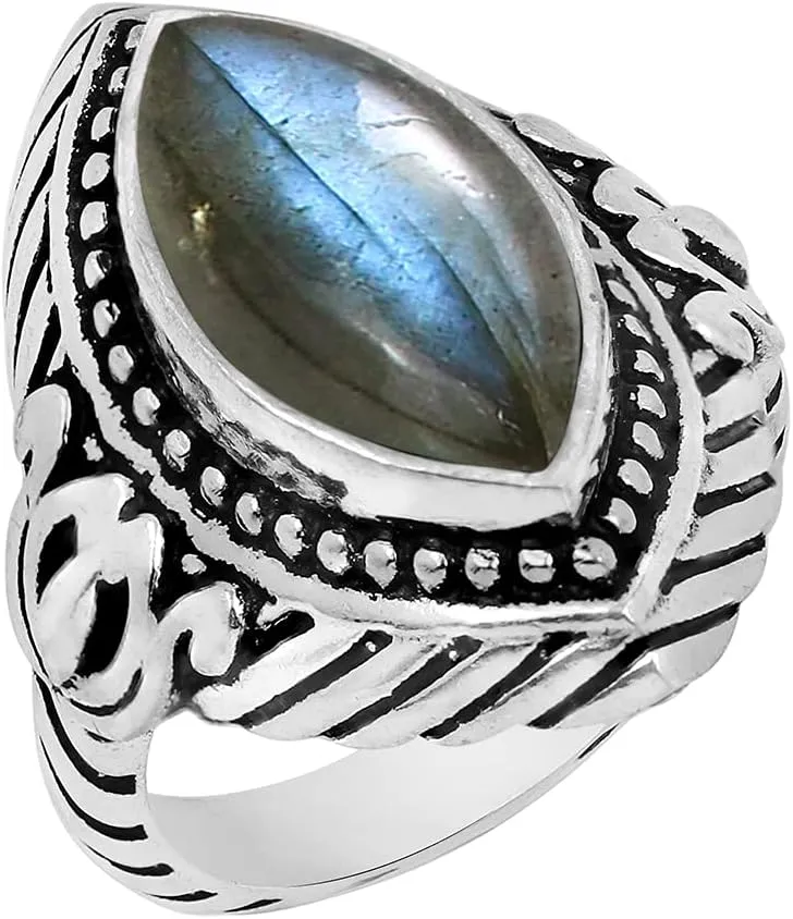 Natural Lapis Labradorite Moonstone & Amethyst 925 Silver Overlay Statement Rings for Women - Marquise Shape Bohemian Style Birhstone Jewelry Handmade Gemstone Ring Gifts for Her