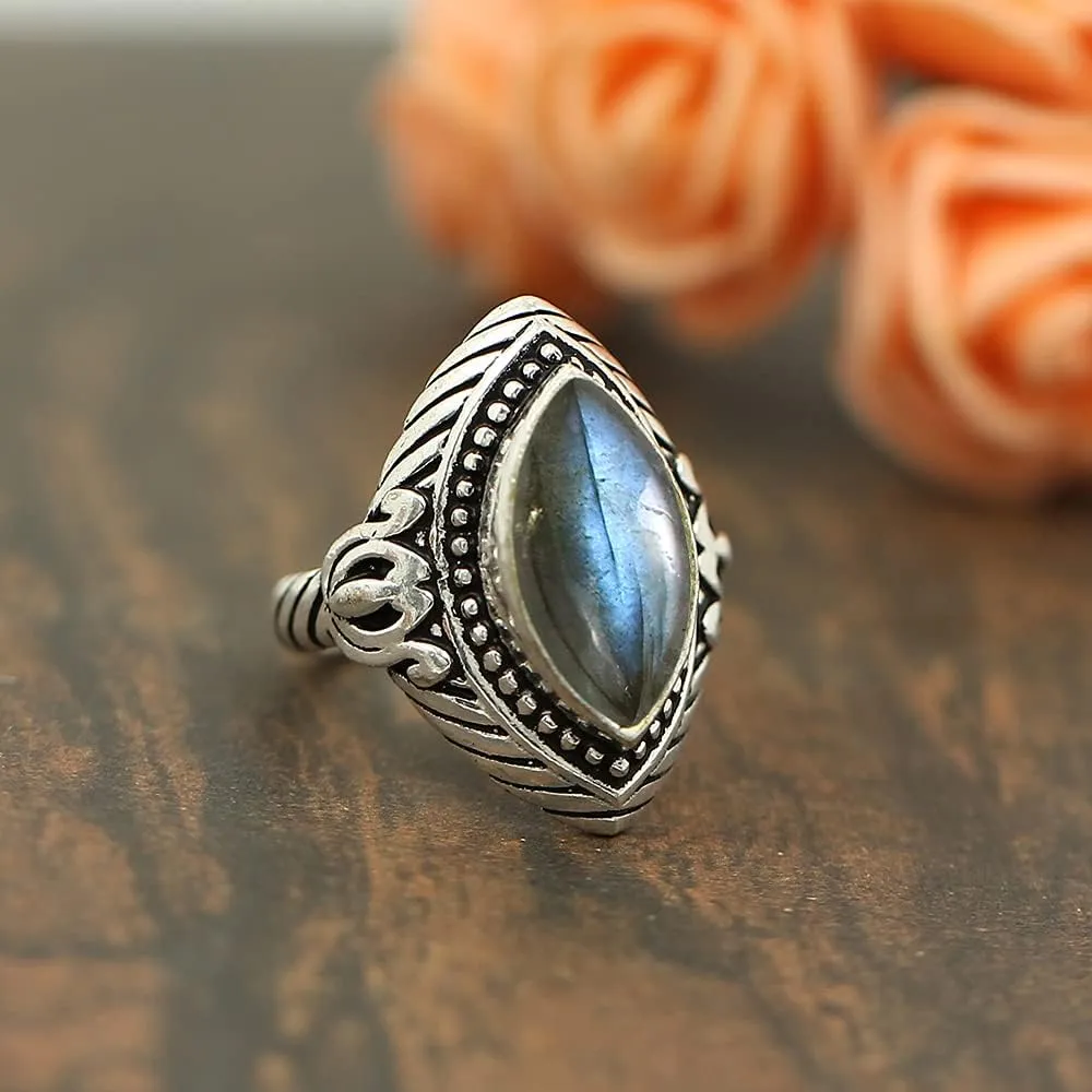 Natural Lapis Labradorite Moonstone & Amethyst 925 Silver Overlay Statement Rings for Women - Marquise Shape Bohemian Style Birhstone Jewelry Handmade Gemstone Ring Gifts for Her