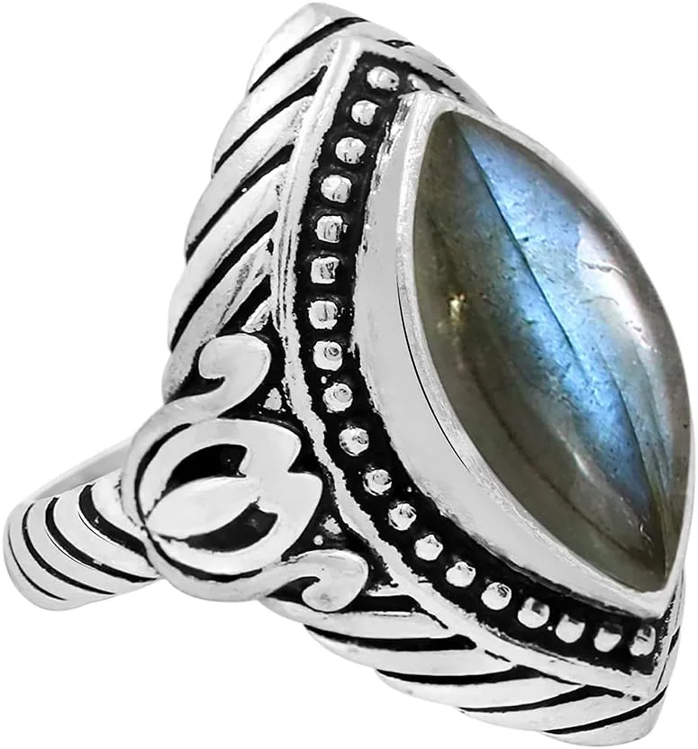Natural Lapis Labradorite Moonstone & Amethyst 925 Silver Overlay Statement Rings for Women - Marquise Shape Bohemian Style Birhstone Jewelry Handmade Gemstone Ring Gifts for Her