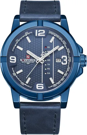 NAVIFORCE Date Quartz Men Casual Military Sports Japan Quartz Movement Genuine Leather Wristwatches (Blue)
