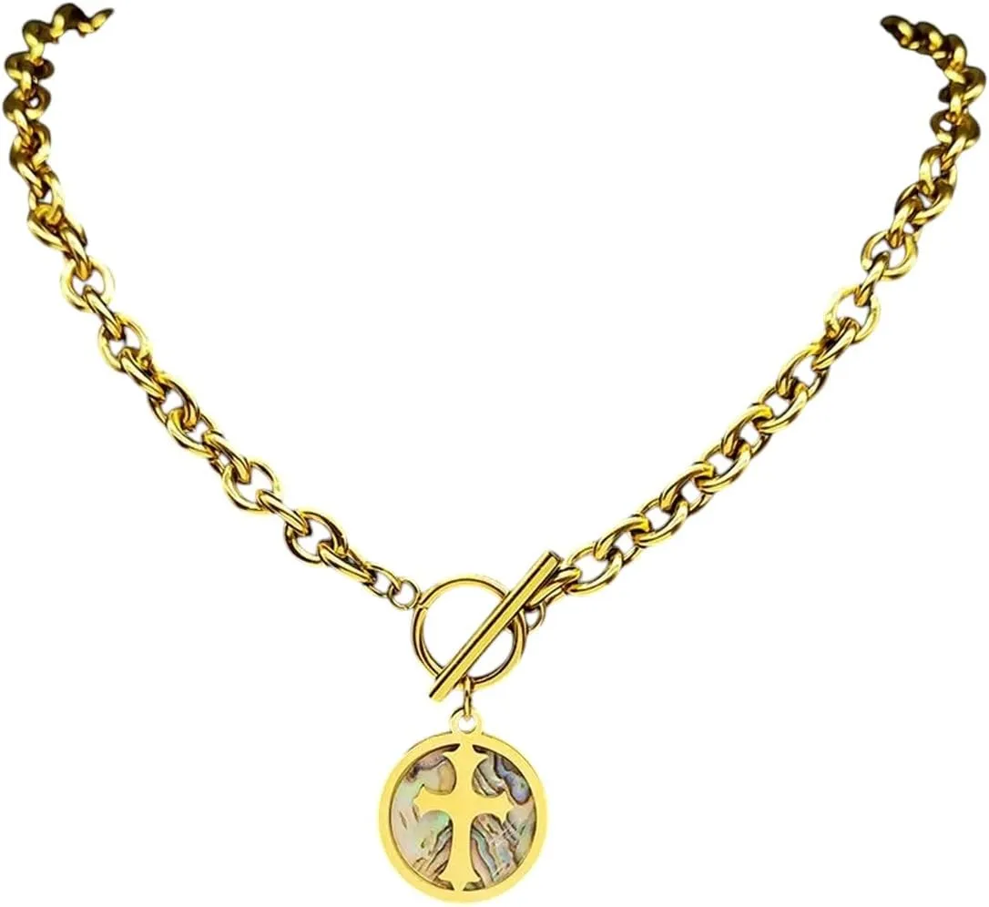 New 2025 Abalone Shell Jesus Cross Pendant Necklace Bracelet Set For Women Men Stainless Steel Christian Choker Chain Jewelry Party Decoration Jewelry Commemorative Trendy Best For Gift