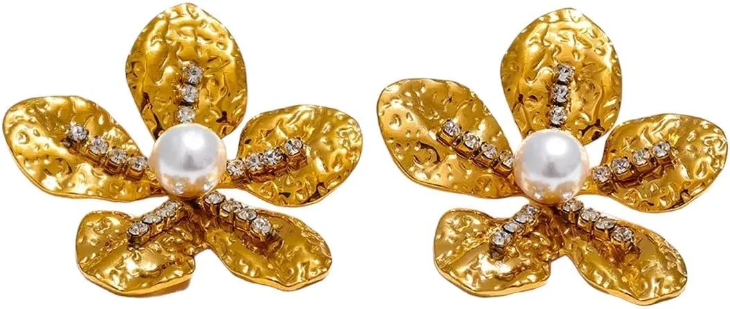 New 2025 Arrival Gold Color Flower Fashion Waterproof Stud Earrings Stainless Steel With Cubic Zirconia Imitation Pearls Statement Jewelry With For You Fashion Accessories Creative Gift
