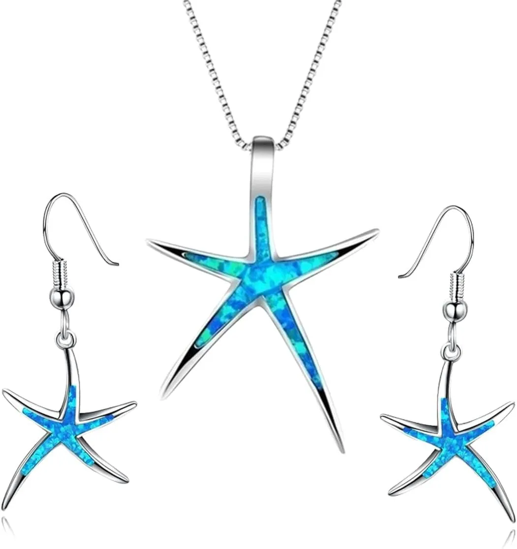 New 2025 Fashion Cute Sea Animal Starfish Necklace Earrings Jewelry Sets Imitation Blue Opal Stud Earrings For Women Wedding Band Gifts With For You Jewelry Fashion Accessories Creative Gift