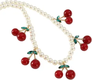 New 2025 Unisex Cute Imitation Pearl Cherry Choker Necklaces For Women Hers Vintage Red Fruit Pendant Fashion Jewelry Gifts Decoration Luxury Accessories Trendy For Women And Men