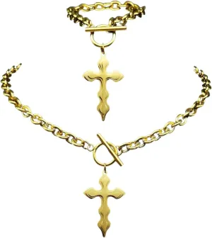 New 2025 Vintage Simple Jesus Cross Pendant Jewelry Set For Women Men Stainless Steel Gold Color Necklace Bracelet Sets With For You Jewelry Fashion Accessories Creative Gift