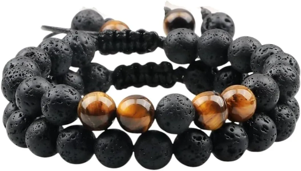 New 2026 2Pc/Set Couple Distance Beaded Bracelet 8Mm Natural Stone Tiger Eye Black Lava Bracelets For Women Prayer Jewelry Fashion Trendy Accessories Creative Gift For Women And Men
