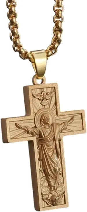 New For Trendy 2025 Retro Pattern Christian Jesus Cross Pendant Necklace For Men Women'S Retro Prayer Faith Amulet Jewelry Fashion Accessories Creative Gift
