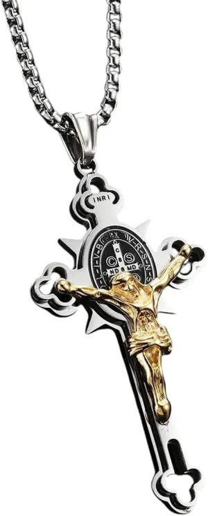 New For Trendy 2025 Vintage Jesus Cross Pendant Necklace Stainless Steel Men's Biker Catholic Fashion Amulet Chain Necklace Jewelry Gifts Fashion Accessories Creative Gift