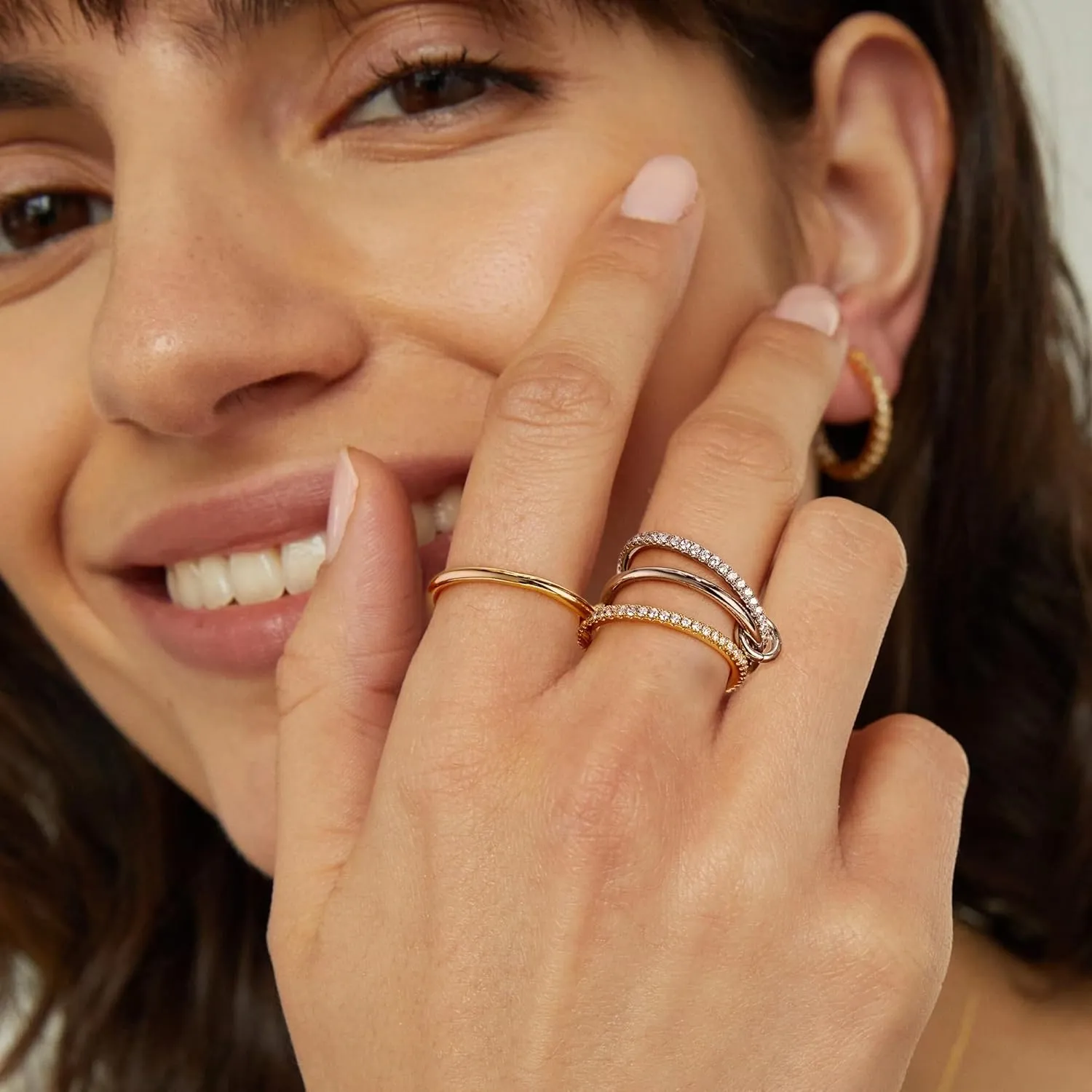 NOKMIT 14K Gold Plated Stackable Rings for Women 4 Interlocked Statement Bands Set with Cubic Zirconia Hypoallergenic Silver & Gold Mixed Metals Stack Non Tarnish Jewelry Gifts