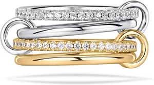 NOKMIT 14K Gold Plated Stackable Rings for Women 4 Interlocked Statement Bands Set with Cubic Zirconia Hypoallergenic Silver & Gold Mixed Metals Stack Non Tarnish Jewelry Gifts