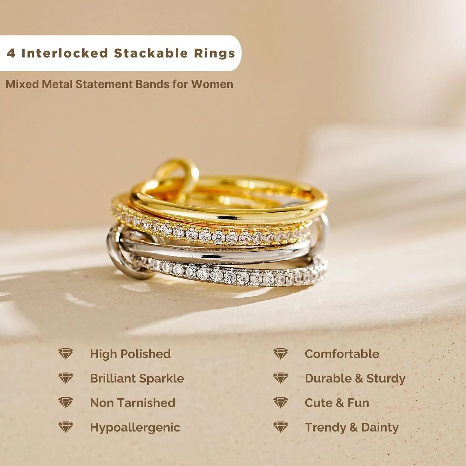 NOKMIT 14K Gold Plated Stackable Rings for Women 4 Interlocked Statement Bands Set with Cubic Zirconia Hypoallergenic Silver & Gold Mixed Metals Stack Non Tarnish Jewelry Gifts