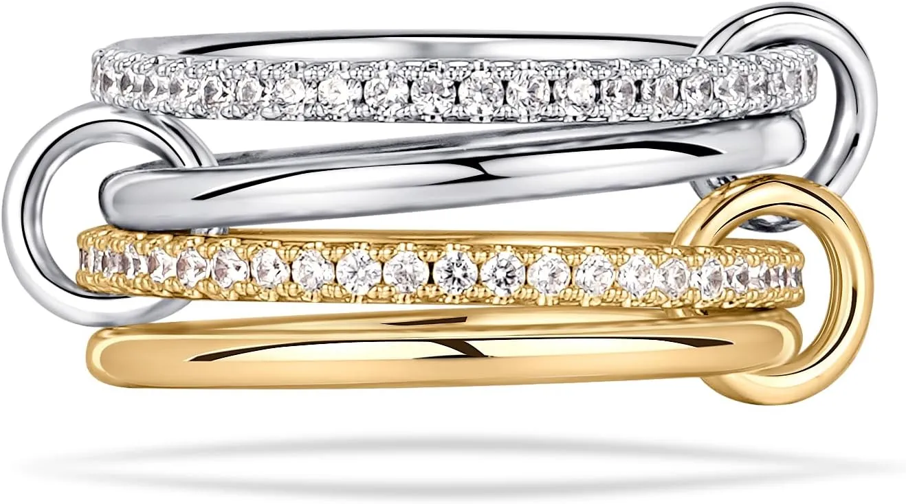 NOKMIT 14K Gold Plated Stackable Rings for Women 4 Interlocked Statement Bands Set with Cubic Zirconia Hypoallergenic Silver & Gold Mixed Metals Stack Non Tarnish Jewelry Gifts