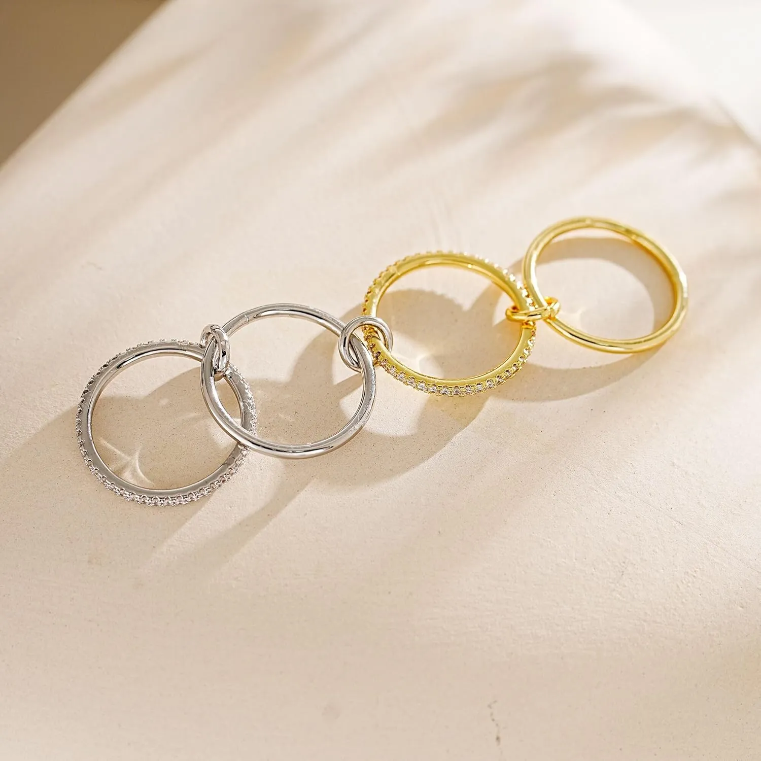 NOKMIT 14K Gold Plated Stackable Rings for Women 4 Interlocked Statement Bands Set with Cubic Zirconia Hypoallergenic Silver & Gold Mixed Metals Stack Non Tarnish Jewelry Gifts