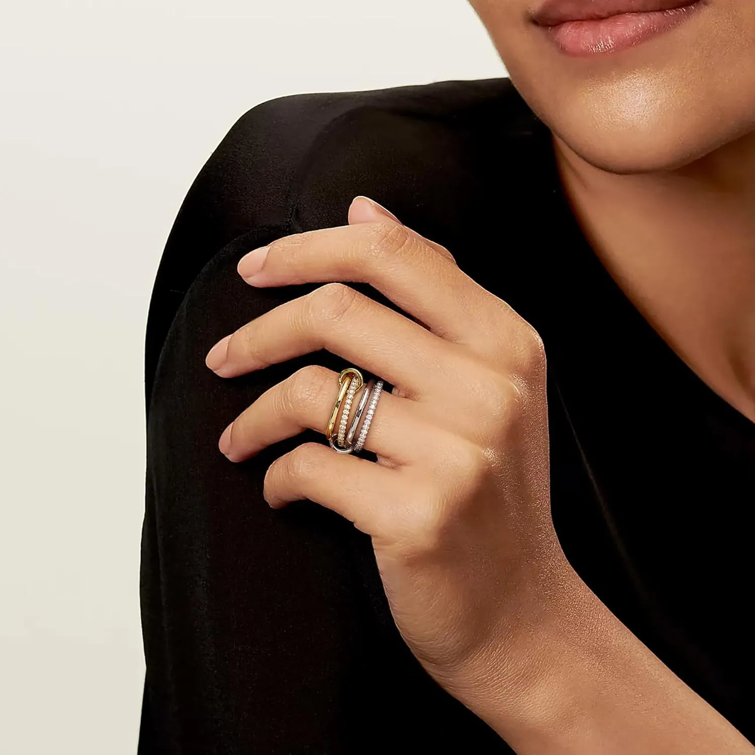 NOKMIT 14K Gold Plated Stackable Rings for Women 4 Interlocked Statement Bands Set with Cubic Zirconia Hypoallergenic Silver & Gold Mixed Metals Stack Non Tarnish Jewelry Gifts