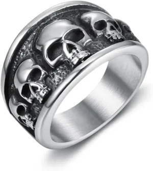 Nordic Vintage Punk Style Stainless Steel Personalized Skull Head Full Circle Neutral Rings Size 5-16