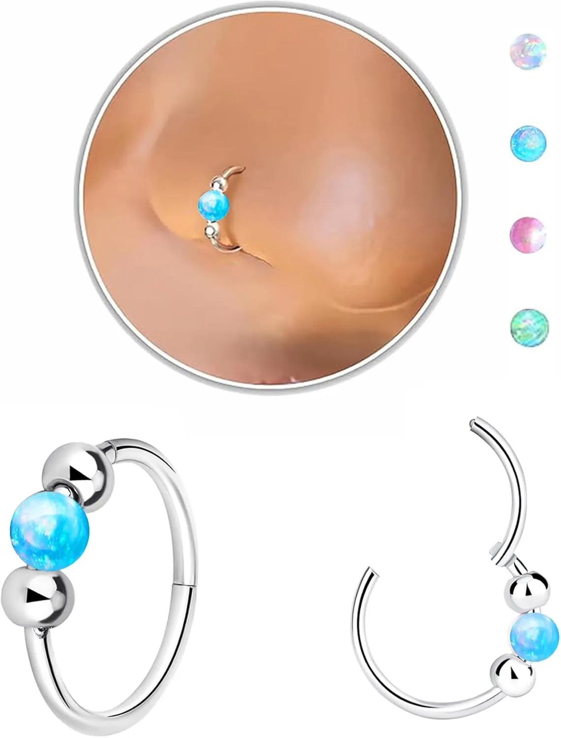 Nose Rings Hoops Opal Nose Piercings Jewelry 316L Surgical Steel Hypoallergenic Silver Septum Hoop Nose Ring for Women 18G Hinged Helix Rook Conch Cartilage Daith Tragus Earring